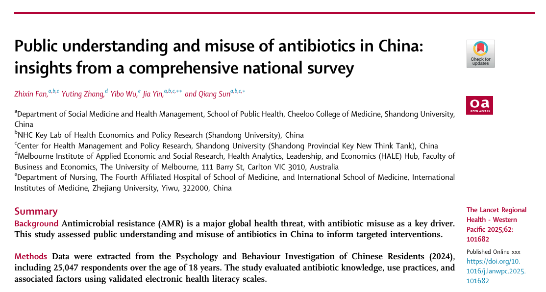 孙强教授团队在The Lancet子刊发表关于抗生素认知与使用行为调查的研究成果